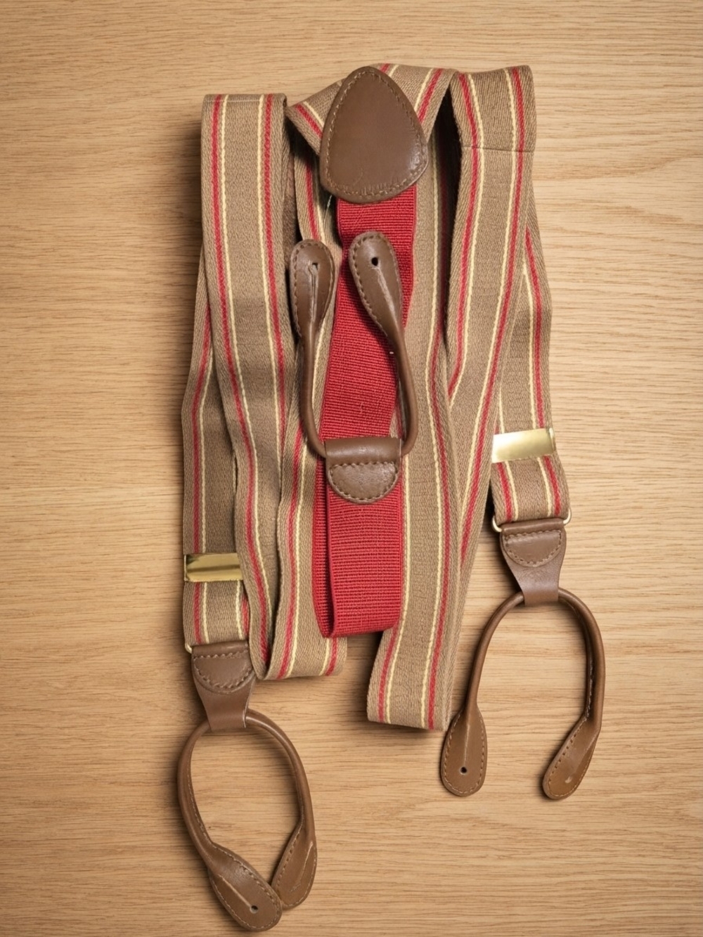 VTG Trafalgar Style Striped Y-Back Suspenders Leather Trim (0392M)